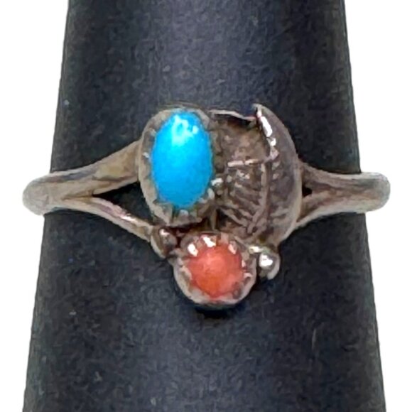 Vintage Navajo Old Pawn Turquoise Coral Sterling Silver Artisan Ring SW 5.75 - Picture 1 of 10
